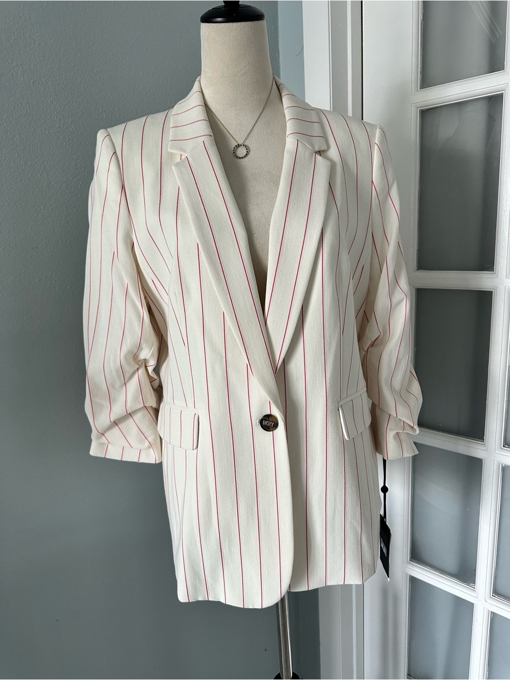 DKNYC Cream Blazer with Red Pinstripes - Single-Button Women's Jacket